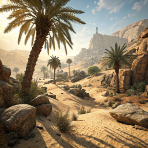 A screenshot from Sniper Elite III, showcasing a detailed desert landscape. Sandy terrain with large boulders and a towering palm tree casting shadows on the ground.