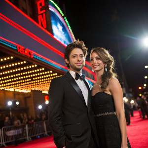 Jackson Rathbone and Sheila Hafsadi at a glamorous award show. Neon lights illuminate the stage behind them.