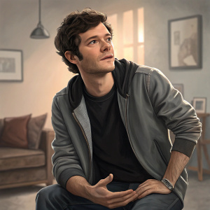 Adam Brody, in a casual outfit of black t-shirt and grey jacket. Poses in a studio with soft, warm lighting. Focus on his expressive face and hands.