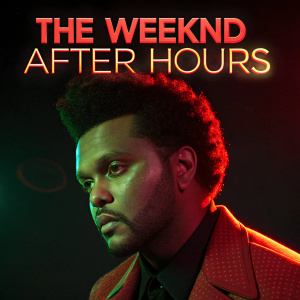 The Weeknd, intense stare, red and green lighting, close-up, album title 'AFTER HOURS' in bold font