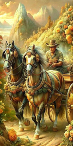 Un hombre conduciendo un carro tirado por dos caballos negros, mostrando determinación y control sobre su destino y las fuerzas opuestas. (Flores. Detalles finos. Alta definición. Finos detalles. Sin palabras.)