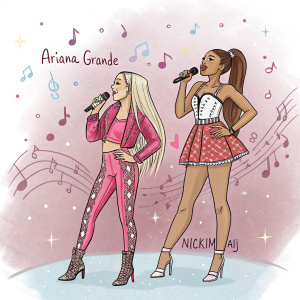 Hand-drawn illustration featuring Ariana Grande and Nicki Minaj. They are standing against a backdrop filled with musical notes and sparkles. The artwork includes song lyrics and phrases scattered around the figures. Artist's signature in the lower right corner.