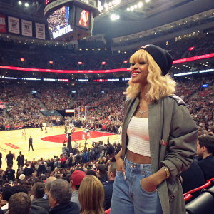 Rihanna, blonde wig, chic casual outfit, center court of NBA game. Crowd of enthusiastic fans, vibrant atmosphere