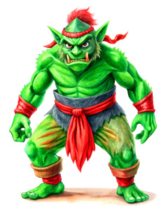 very bad ninja green troll, illustration, red accessories, battle position in camouflage, vintage cartoon effect, white background