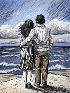 un uomo e una donna di spalle abbracciati che guardano il mare, stile alice pasquini