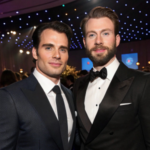 Henry Cavill and Chris Evans attend a Hollywood gala. Both dressed in elegant formal wear. Cavill in a tailored suit, Evans in a sleek black tuxedo. Crowded room with twinkling lights in the background.