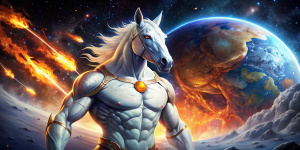 rinoceronte musculoso  psicodélico color blanco con traje espacial futurista , rasgos humanos,fuego,lasers y planeta tierra al fondo, planetas