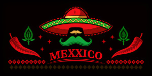 Создай фото этикетки для сыра с перчиками под названием "MEXICO". Используй стиль, похожий на предоставленный пример: текст "MEXICO" с мексиканским колоритом, включающий элементы, такие как сомбреро и усы. На этикетке должны присутствовать изображения красного перца чили и декоративные элементы (листья, узоры). Основные цвета: красный, зеленый и черный. Надпись "Пикантный вкус" должна быть размещена справа от текста "MEXICO". 
