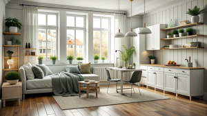 Scandinavian style small studio apartment with stylish design in light pastel colors with big window, living room, kitchen space and bed. 