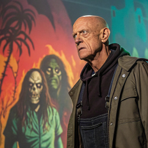 Actor Michael Berryman in promotional photo for Rob Zombie film. Vibrant background with zombies
