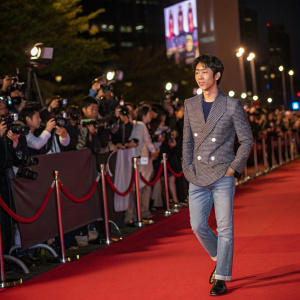 Lee Seung-gi, Korean actor, attends a premiere event in stylish blazer and jeans. Crowded red carpet with flashing cameras.