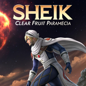 Digital fan art of Sheik from Smash Bros. Series. Stylized, dramatic pose against a backdrop of dark starry sky with fiery nebula clouds. Title 'SHEIK Clear Fruit Paramecia' displayed prominently.