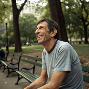 Leonard Nimoy, former Spock from Star Trek, in a casual setting. Gray t-shirt, sitting in a park, smiling
