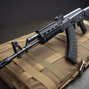 A 3D digital render of a sleek black AK74M assault rifle. Modular design features brown, multi-faceted fabric-like material beneath. Close-up view highlights intricate details of sleek extended barrel running along weapon's length.