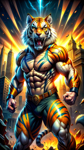 ((us-comic-style)) illustration featuring tiger creature, dynamic and aesthetic