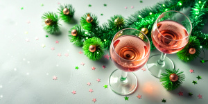 Rose wine in champagne glasses, Winter Holidays party concept, banner, Christmas green tinsel and pink confetti as decoration. Shiny New Year flat lay, top view wineglass at sunlight, shadow