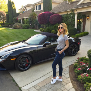 Lucy Hale, blonde hair, casual outfit, standing by luxury sports car in suburban driveway.