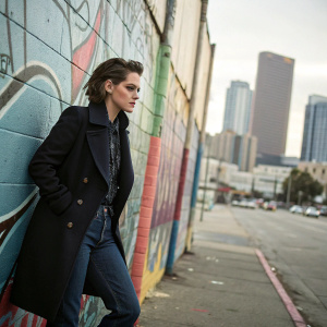 Kristen Stewart in a chic black coat and jeans. Standing in front of a graffiti-covered wall in downtown Los Angeles. Her face shows a determined expression.