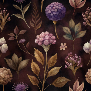 DARK BROWN  background botanic  , watercolor VINTAGE 
 image with dark brown   background ,   VIBURNUM,BRASSICA,DAUCUS ,snapdragon, ERYNGIUM, achillea , LATHYRUS,  achillea , watercolor, dark brown  background FOR WRAPPING PAPER VINTAGE 