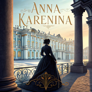 Book cover illustration for Anna Karenina. A silhouette of a woman in a 19th-century Russian gown standing by a grandiose palace with ornate columns and arches.