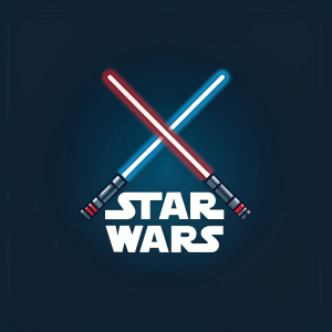 A vibrant and dynamic logo design for Star Wars. Dark blue background with the iconic lightsaber colors.