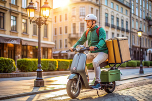 repartidor de comida en scooter paisaje urbano

