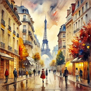 Vintage Watercolor, Walking in the City of Paris