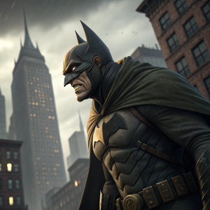 A digital 3D illustration of a character from Batman: Gotham by Gaslight series. The illustration features a detailed texture and a dark, Gothic-inspired aesthetic. The character is in a dynamic pose, with a grimacing expression, set against a cityscape backdrop featuring towering buildings.