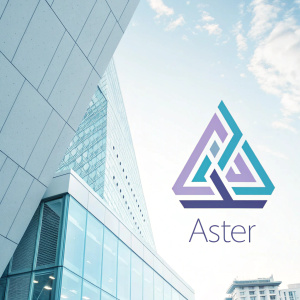 Modern logo design for 'Aster'. Abstract geometric shape with a mix of light blue and lavender hues. Brand name 'Aster' placed elegantly to the bottom right.
