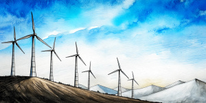 Experiment with a minimalist approach, focusing on the clean lines and geometric shapes of turbines against a vast, open sky, evoking a sense of simplicity and modernity.