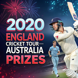 Digital graphic for the 2020 England cricket tour in Australia. Stylized cricket players, logos, and vibrant text. Promotional call to action with prizes.