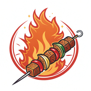 A vibrant logo for Shashlik BBQ. Features a stylized meat skewer bursting into flames. Bold and appetizing branding.