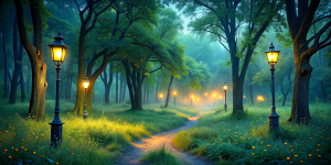 Dark mysterious woods in the evening. Disney-style landscape. Bright, vibrant colors. Tiny glowing fireflies in the air. A lot of green. There is an old lamppost in the clearing.