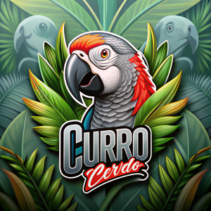 hazme un logo super tropical con muchos detalles, de un loro yaco gris de cola roja con el siguiente texto: CURRO