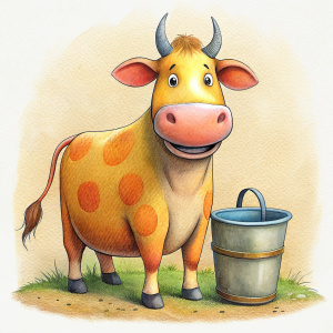 smiling cow standing next to a bucket of milk