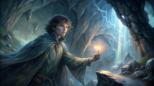 Frodo, hobbit from lord of the rings, alone in a dark and threatening cave, holds up a vial that glows with an intense silver light. The light momentarily dispels the shadows around him, and a sinister gray web blocks his path ahead. Frodo is carrying a sword, staring determinedly at the web while the light from the flask illuminates the scene,
