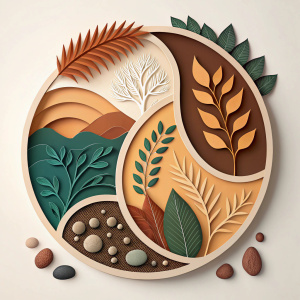 A 3D rendered logo for the Genoa Natural History Museum featuring abstract shapes and natural elements in warm, earthy tones.