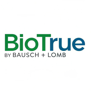 Modern, sleek logo for BioTrue by Bausch + Lomb. Green and blue text against a clean white backdrop.