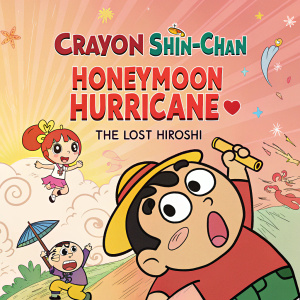 An eye-catching promotional poster for the movie 'Crayon Shin-chan: Honeymoon Hurricane ~The Lost Hiroshi~'. Bright and playful artwork showcasing Crayon Shin-chan and other characters in a dynamic scene, Japanese text dominates, appealing to a wide demographic.