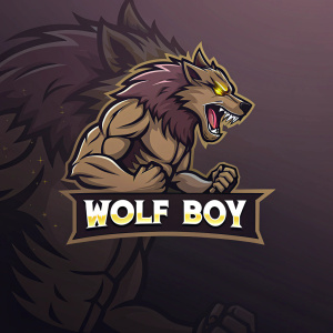 Digital artwork showcasing the logo for 'Wolf Boy'. A muscular werewolf with brown fur and yellow eyes, snarling. Bold text 'Wolf Boy' below the graphic on a dark, gradient background.