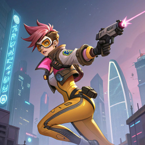 Overwatch character Tracer in dynamic poses, highlighting her iconic design. Game promotional images.