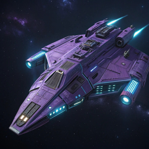 A high-definition digital render of a sleek, purple spaceship from the Halo series. The ship is illuminated with glowing blue lights and features a complex design with aerodynamic panels. Dark space background
