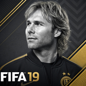 Digital artwork of Pavel Nedved, FIFA 19 Ultimate Team player. Black and gold theme, photo-realistic portrait, FIFA 19 logo prominent