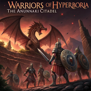 Digital art of Warriors of Hyperboria: The Anunnaki Citadel. Central figure is a colossal dragon. Surrounded by powerful warriors and mystical beasts. Dark, fiery landscape in background