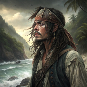 Johnny Depp as Captain Jack Sparrow. Stranded on deserted island. Intense expression. Tattered pirate outfit.