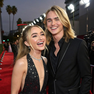 Sabrina Carpenter and Luke Eisner attend the Tall Girl premiere. They both have big smiles on their faces.