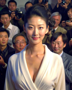 1girl, 20-year-old Korean actress Clara Lee Sung-min, bun hair style, wearing a white bathrobe without tying it, art show: 1.2, collarbone, looking at the audience, ((turbulent)), ((perfect body proportions)), (panorama: 1.3), beautiful and mature, wide-angle lens, grin, deep shadows, Emily Soto, <lora:DetailedEyes_xl_V2:1>, <lora:neg4all_bdsqlsz_xl_V7:1>, (super delicate oval face)), ((beautiful eyes with long eyelashes, ( (Real image quality)),((Leica RAW photo)),24k,((Fidelity:1.2)), ((Really