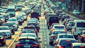 avenida de dos carriles en una ciudad con tráfico lento, congestión de vehículos esperando el cambio de semáforo, primer plano, los vehículos de frente