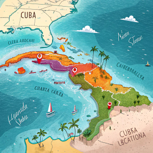 Interactive map highlighting Cuba's location in the Caribbean, showcasing vibrant colors.