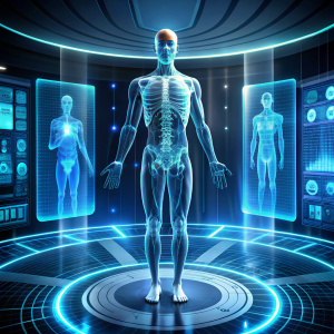health care technology Human body inspection with virtual holographic scanning X-ray and MRT examination of the human body Medical diagnosis with HUD, UI, GUI. Medical analysis in the futuristic lab.